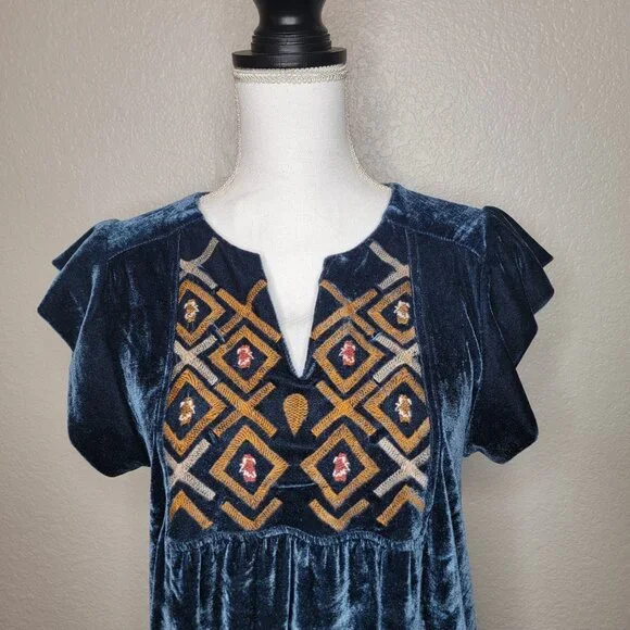 Anthropologie THML Navy Blue Velvet Embroidered Boho Dress Size Medium - Picture 2 of 9